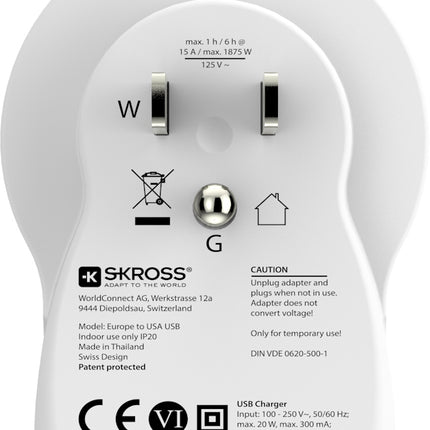 SKROSS Reisstekker Europa naar US + 2x USB