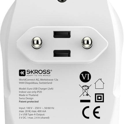 SKROSS Reisstekker Europa 2x USB (Front Connection)