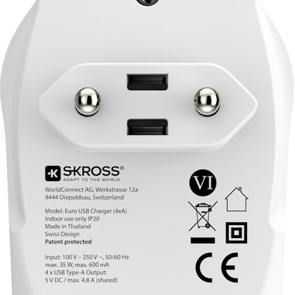 SKROSS Reisstekker Europa 4x USB (Front Connection)