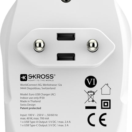 SKROSS Reisstekker Europa 1x USB + 1x USB-C (Front Connection)
